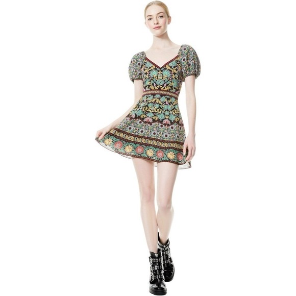Alice + Olivia Dresses & Skirts - Alice + Olivia Dana Puff Sleeve Fit & Flare Mini Dress Floral Boho Chic Size 4